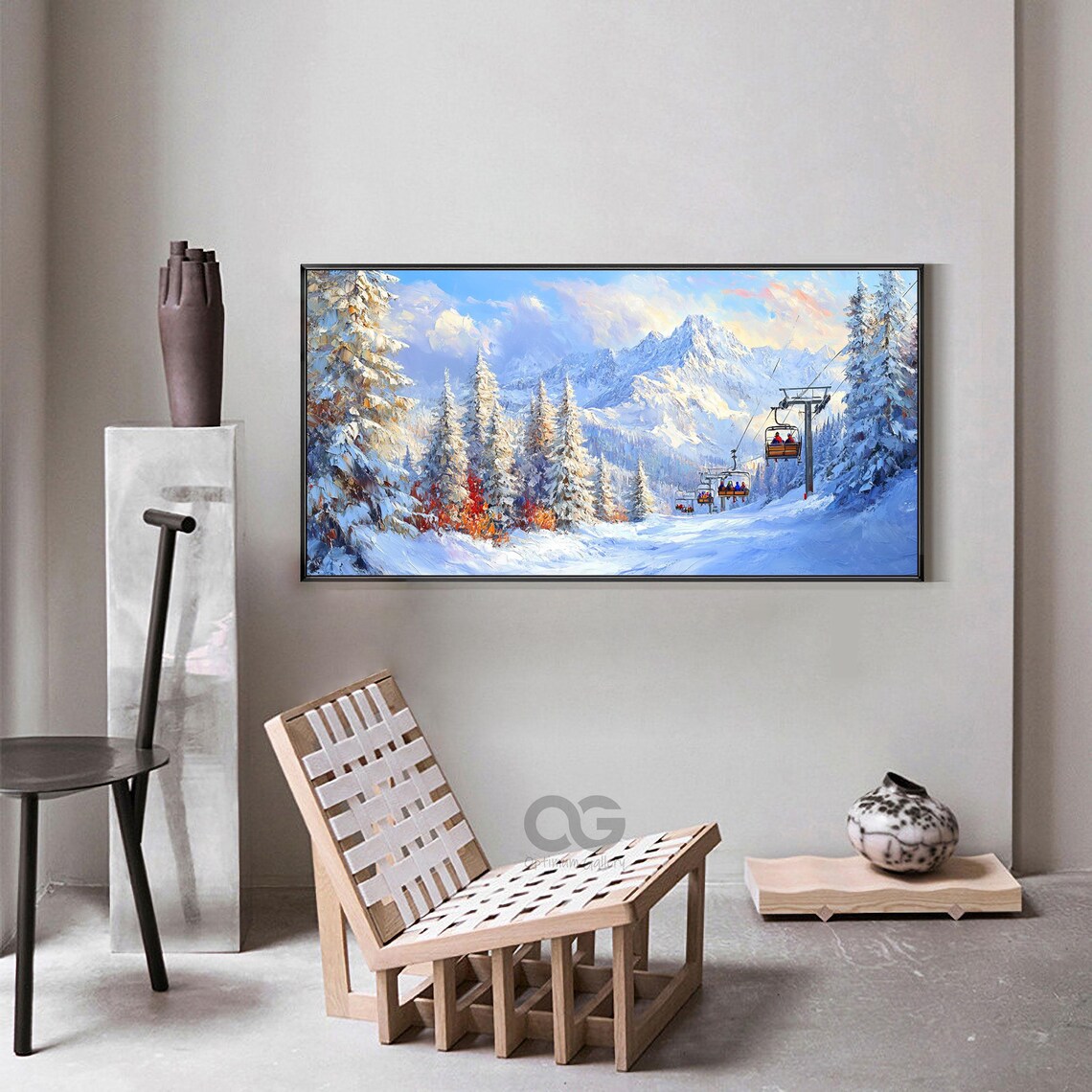 Chairlift Riders Snowy Pines Red Foliage Bright Mountain Ski Poster - Image 2
