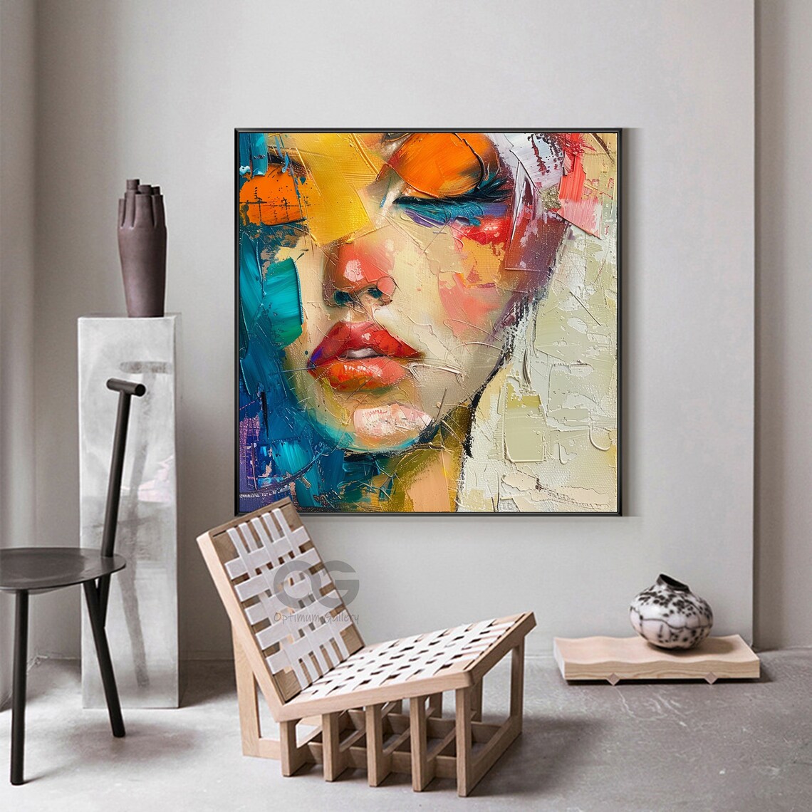 Thick Impasto Abstract Face Red Lips Colorful Textured Oil Painting Poster - Image 3