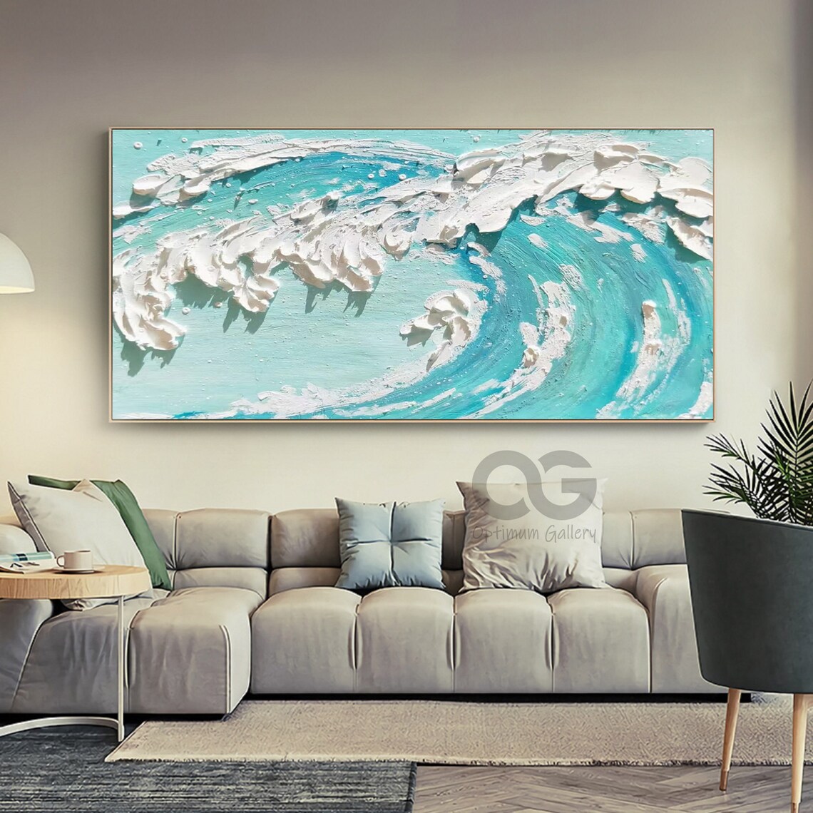 Turquoise Ocean Wave White Foam 3D Textured Impasto Modern Painting Wall Art - Image 4