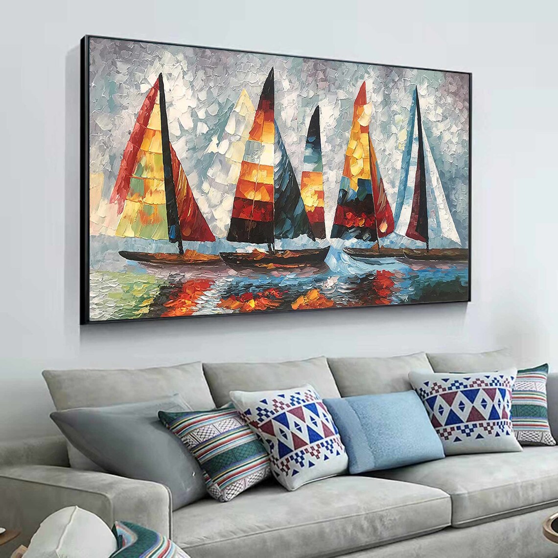 Colorful Sailboat Regatta Painting Red Orange Sails Blue Water Wall Art Poster - Image 2