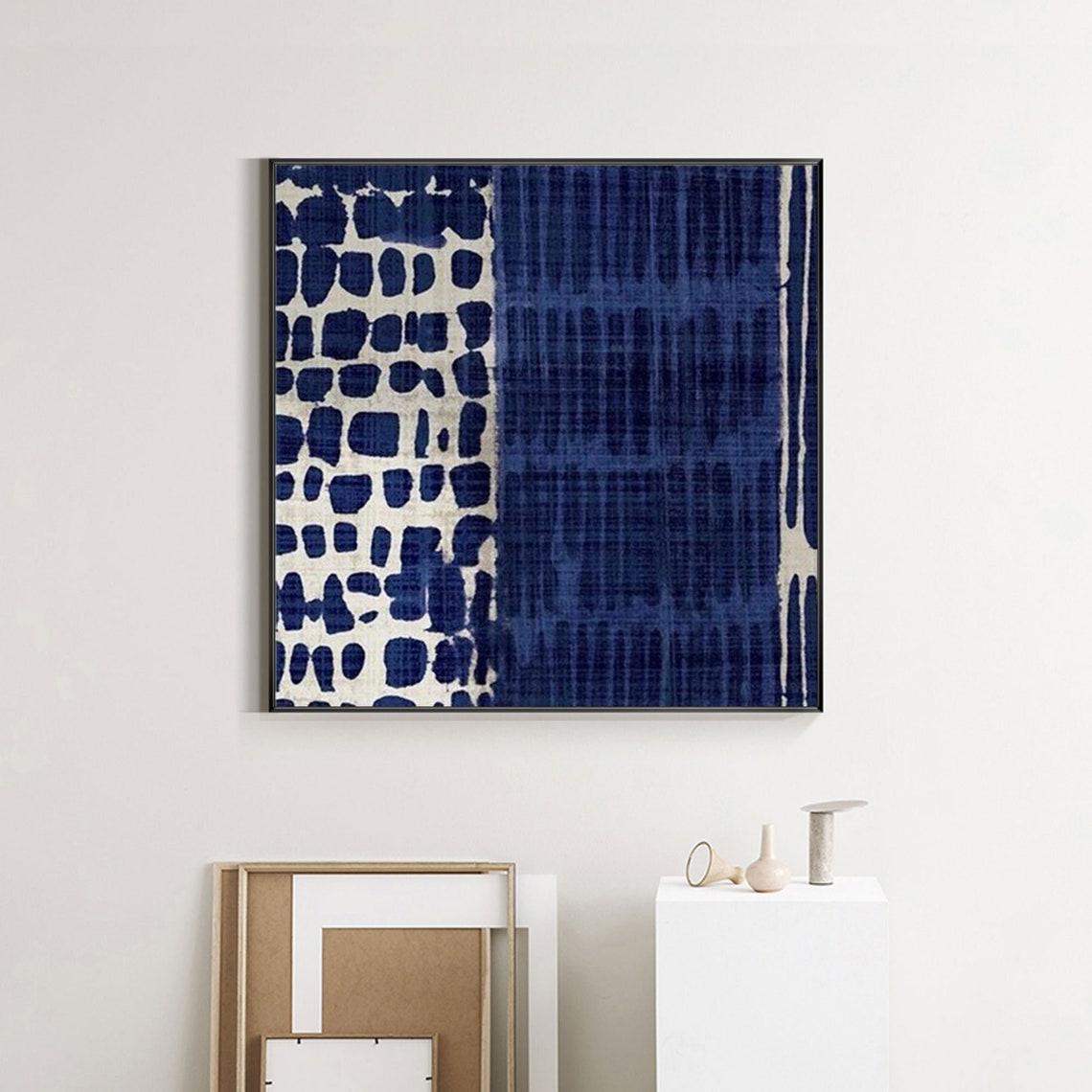 Navy Blue Cream Abstract Indigo Pebble Streak Modern Textile Poster - Image 3