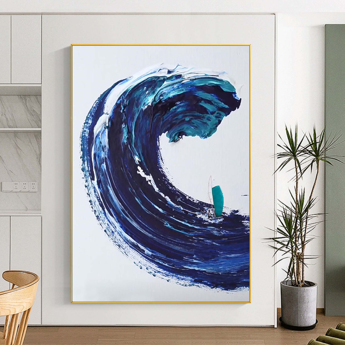 Giant Deep Blue Wave Tiny Surfer Minimal White Background Art Poster