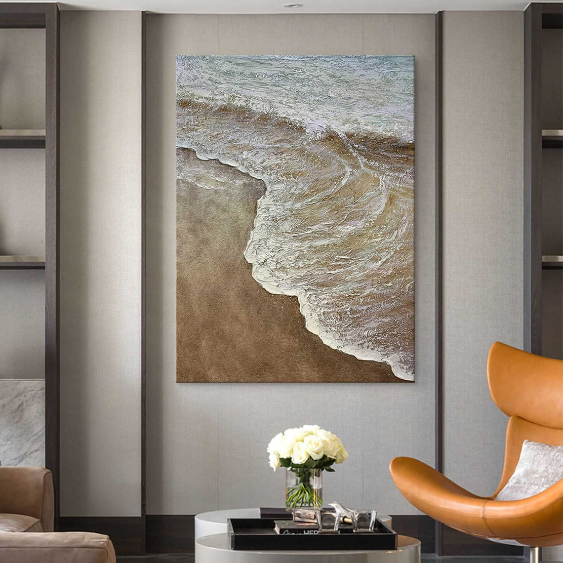 White Foam Waves Brown Sand Beach Aerial Textured Coastal Art Poster - Image 4