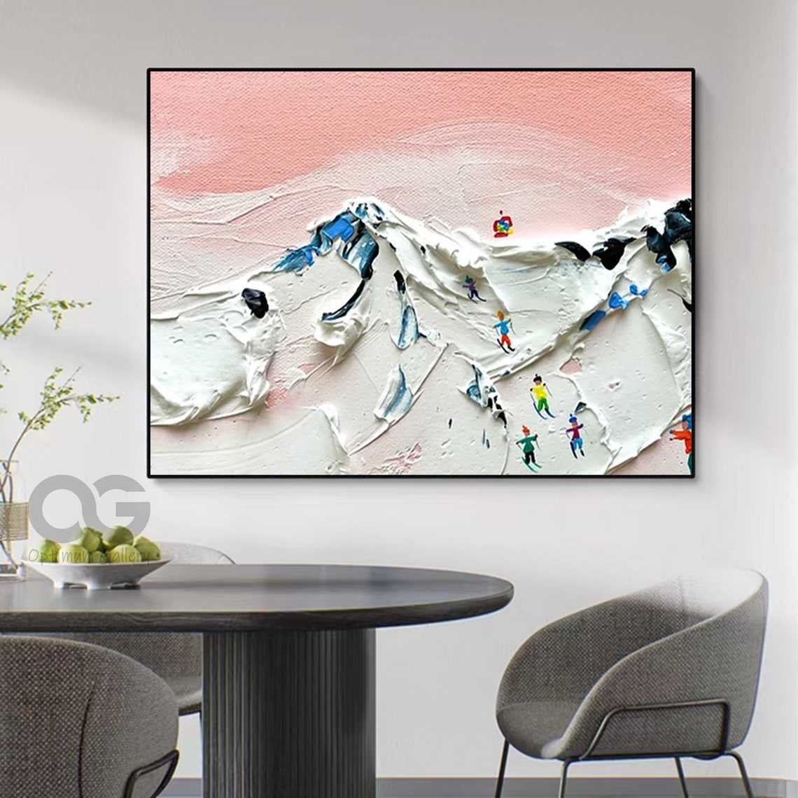 Pink Sky Snow Mountains Tiny Skiers Impasto Textured Winter Poster - Image 5