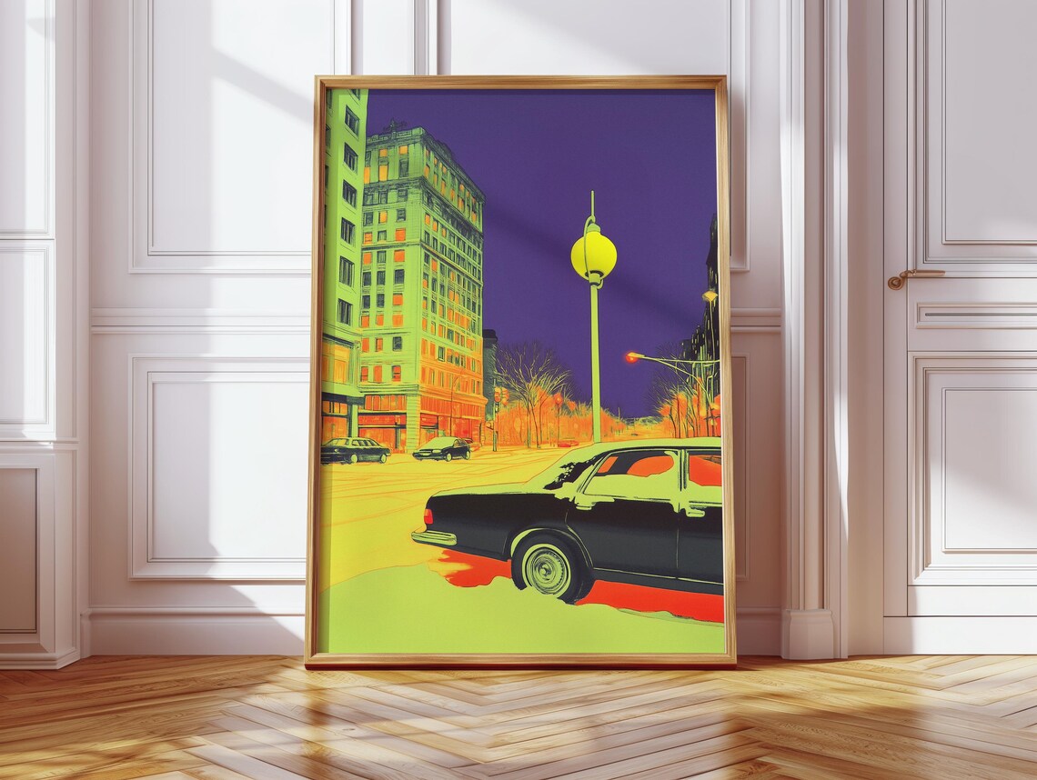 Neon City Street Night Pop Art Classic Car Urban Scene Poster - Image 2