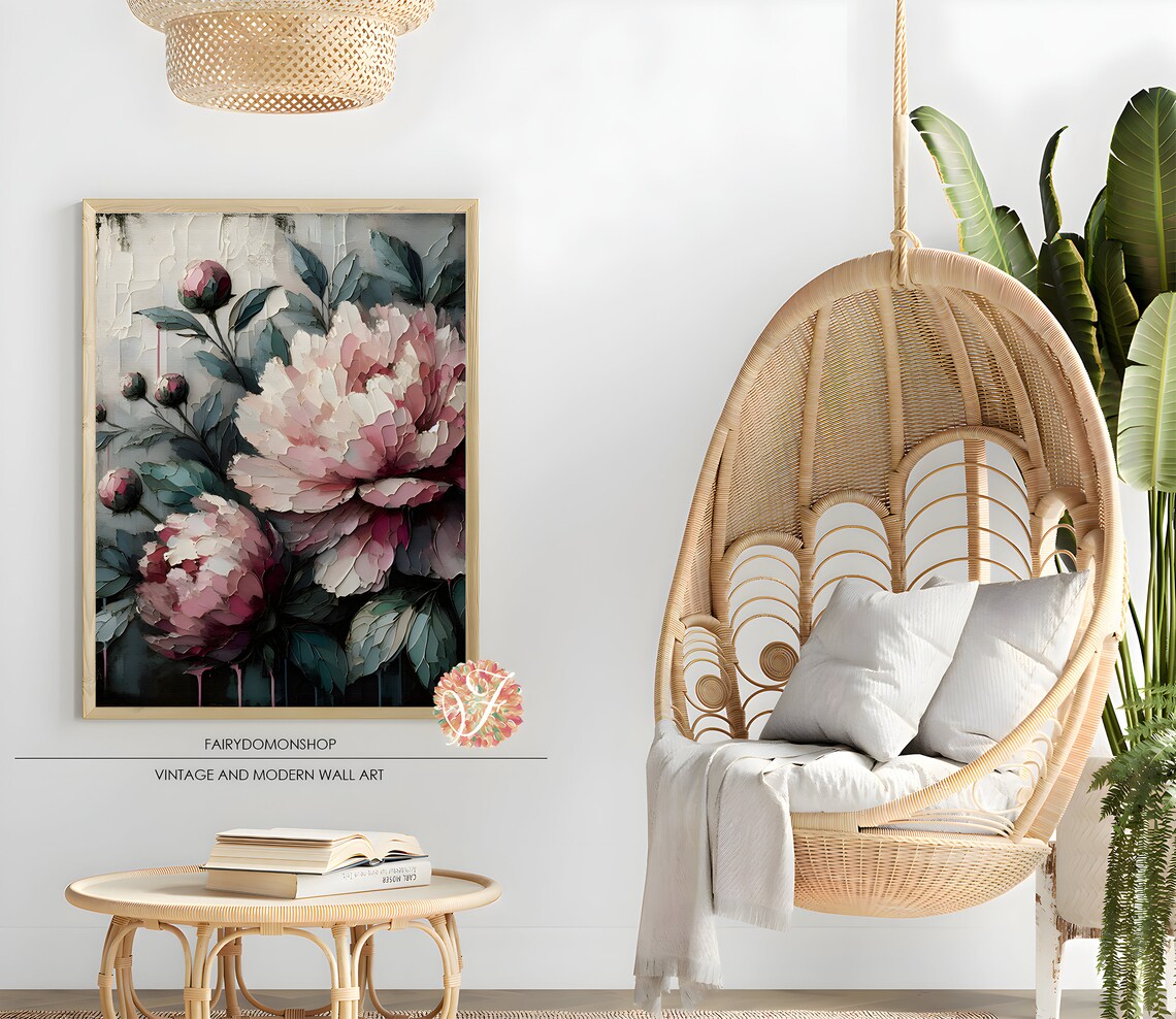 Blooming Pink Peonies Buds Vintage Botanical Oil Painting Poster - Image 2