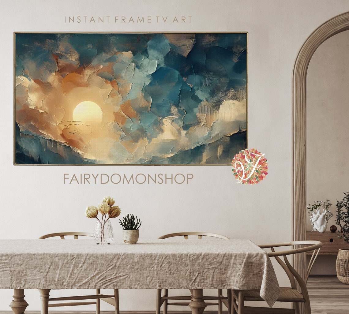Abstract Dramatic Sunset Sun Through Teal Clouds Oil Painting Poster - Image 2