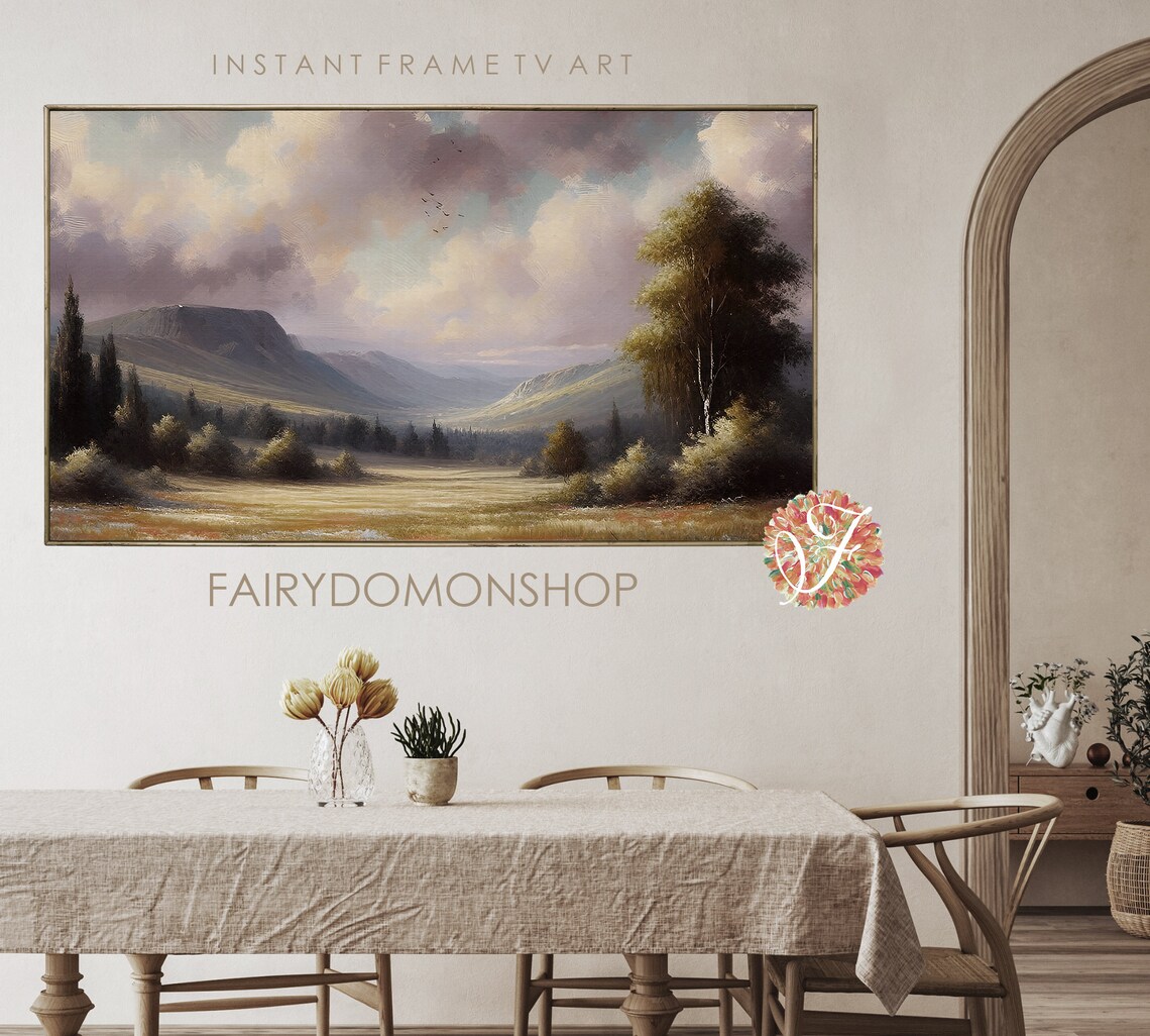 Mountain Valley Meadow Trees Pastoral Landscape Oil Painting Poster - Image 2
