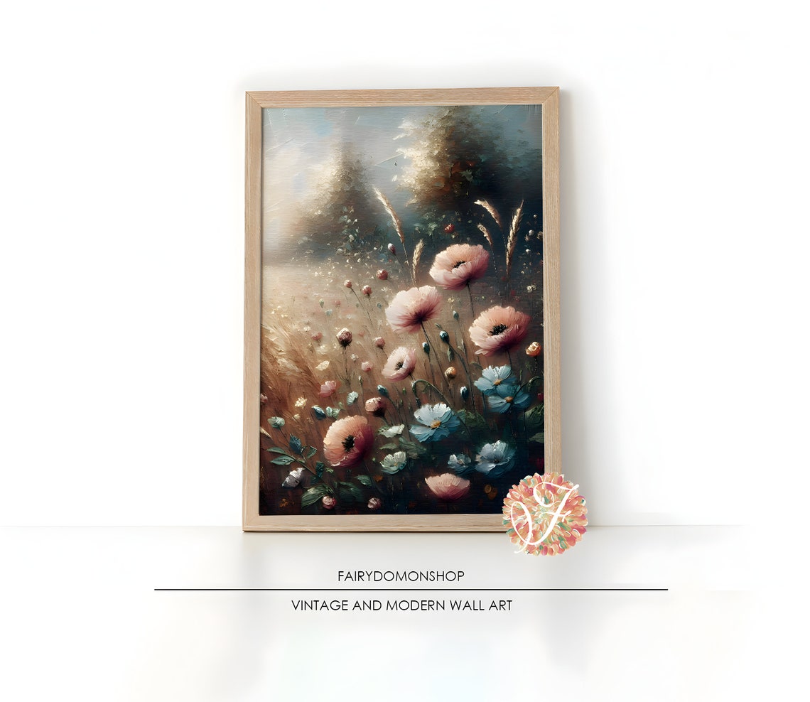Pink Cosmos Wildflowers Golden Grass Field Oil Painting Poster