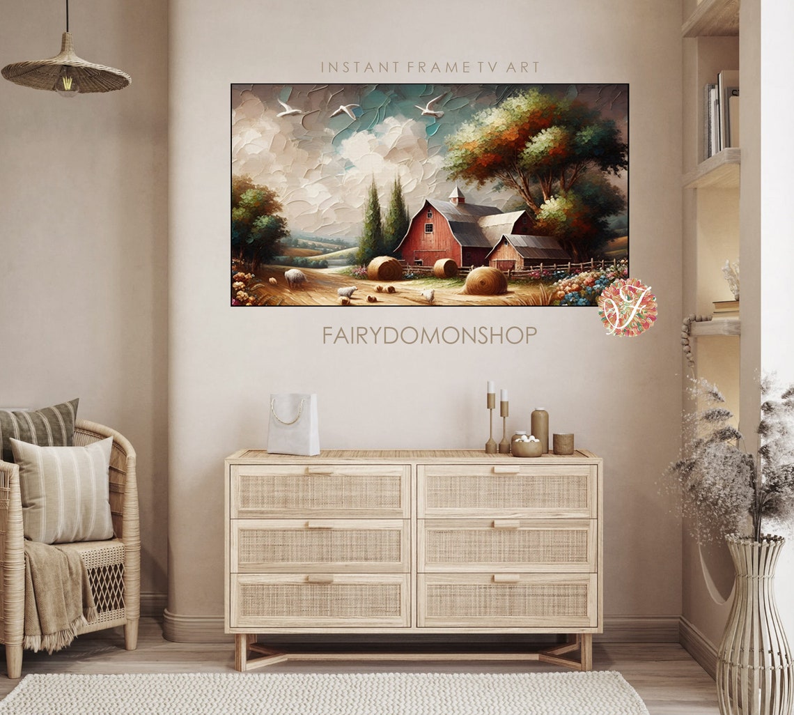 Red Barn Sheep Hay Bales Countryside Farm Oil Painting Poster - Image 3