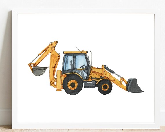Yellow Backhoe Loader Digger Watercolor Construction Vehicle Poster