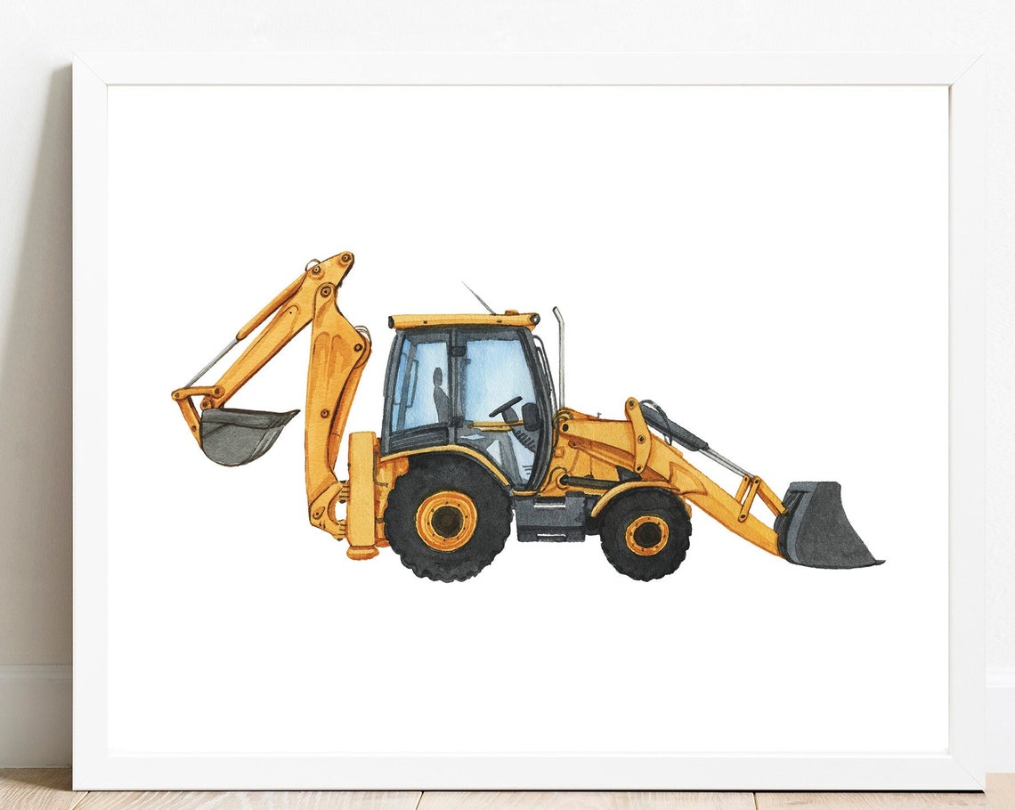 Yellow Backhoe Loader Digger Watercolor Construction Vehicle Poster