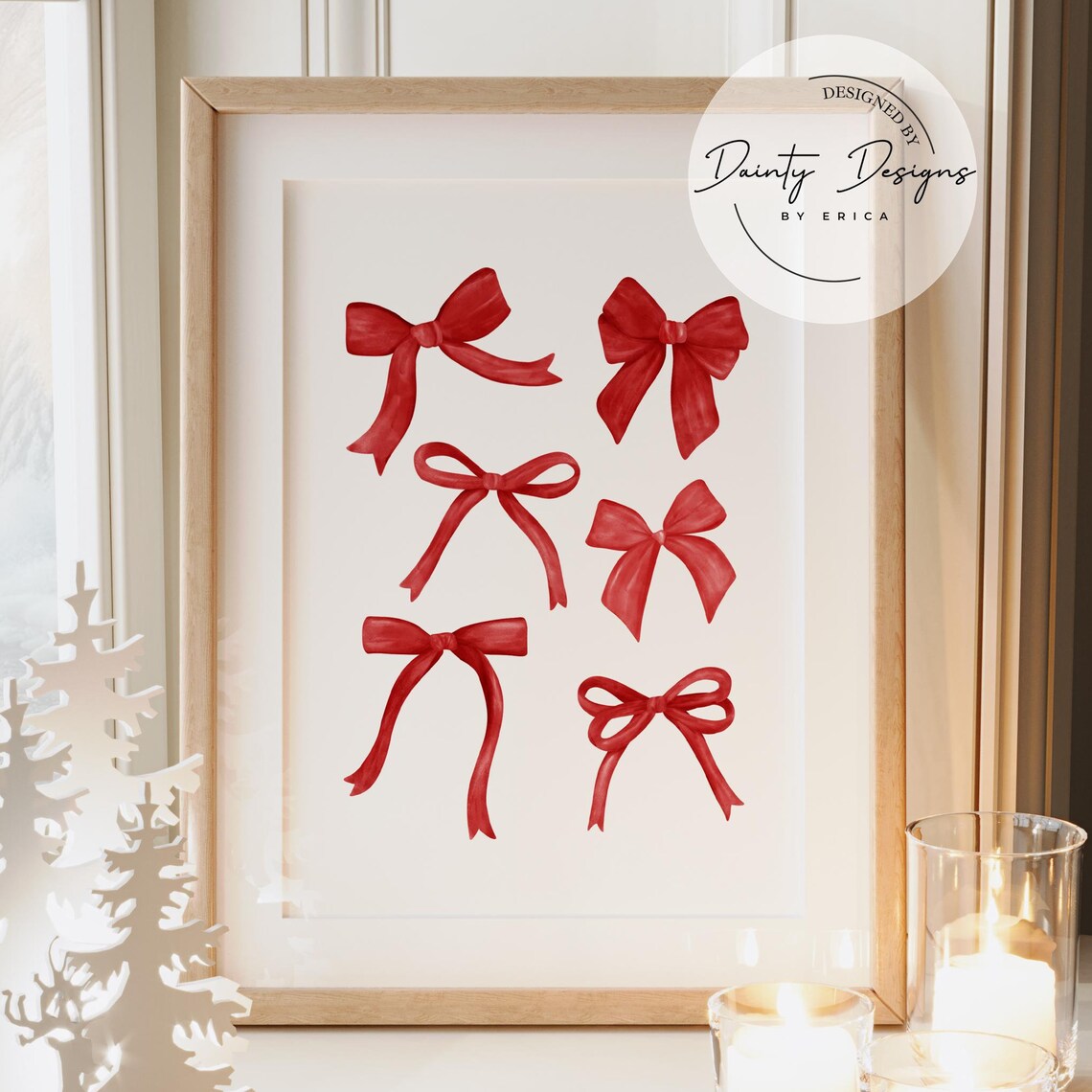 Red Watercolor Bows Christmas Ribbon Holiday Beautiful Poster