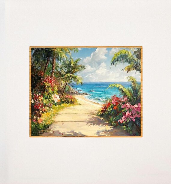 Tropical Beach Path With Palms Floral Seascape Oil Painting Poster