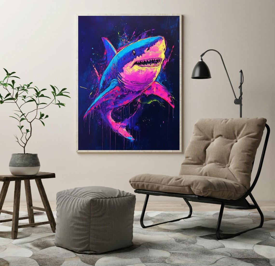 Neon Shark Graffiti Pop Art Colorful Ocean Predator Wall Art