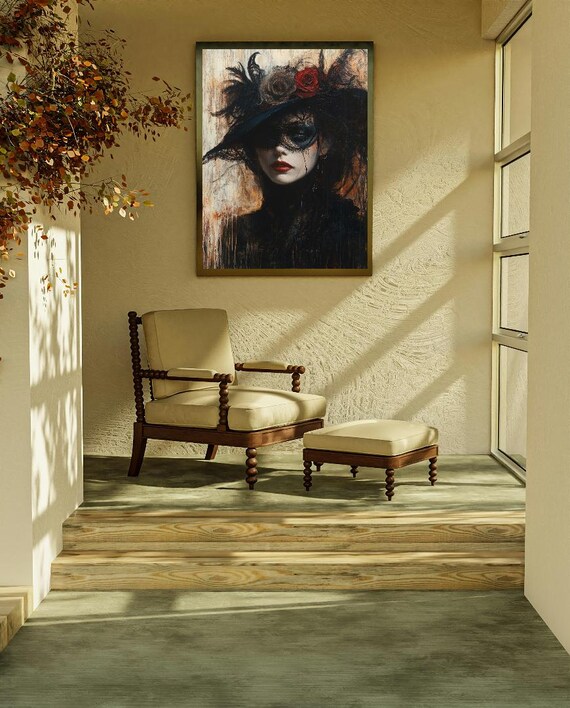 Victorian Lady Gothic Portrait Veiled Hat Red Rose Dark Wall Art