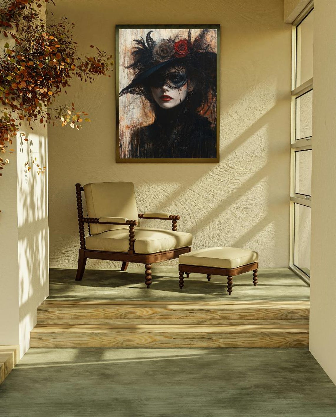 Victorian Lady Gothic Portrait Veiled Hat Red Rose Dark Wall Art