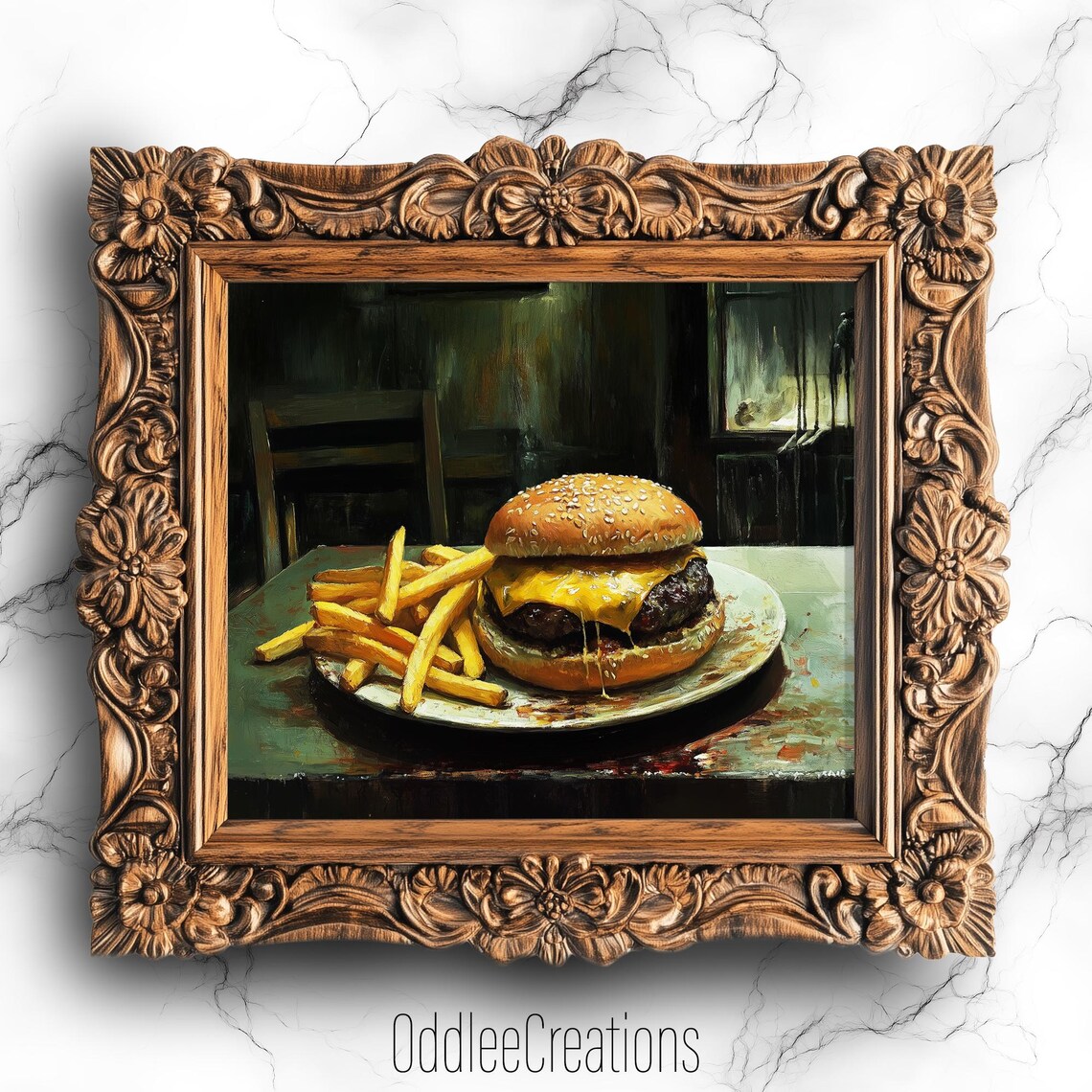 Cheeseburger and Fries Dark Oil Painting Haunted Diner Food Wall Art