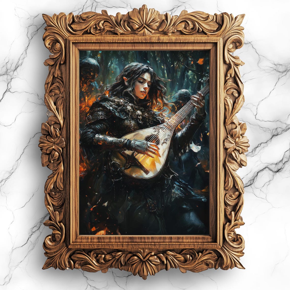Elven Bard Playing Glowing Lute Dark Fantasy Battle Art Poster