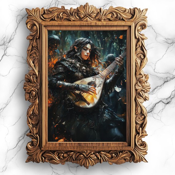 Elven Bard Playing Glowing Lute Dark Fantasy Battle Art Poster