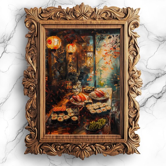 Warm Sushi Platter Painting Lantern Glow Cozy Japanese Food Art Print