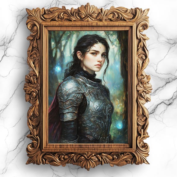 Dark Academia Wall Art Female Knight Oil Painting In Magical Forest Medieval Warrior Prt49