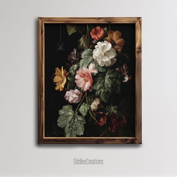 Wild Flowers Gothic Oil Painting Art Dark Background With Spider Vintage Floral Decor High Resolution Antique Wall Print Flw74