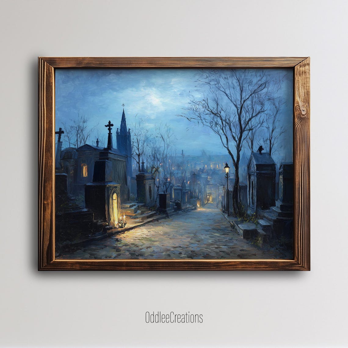 Victorian Cemetery Moonlight Oil Painting Poster with Misty Graveyard