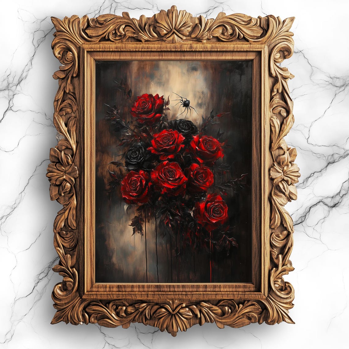 Gothic Red Roses With Spider Dark Floral Oil Painting Art Print