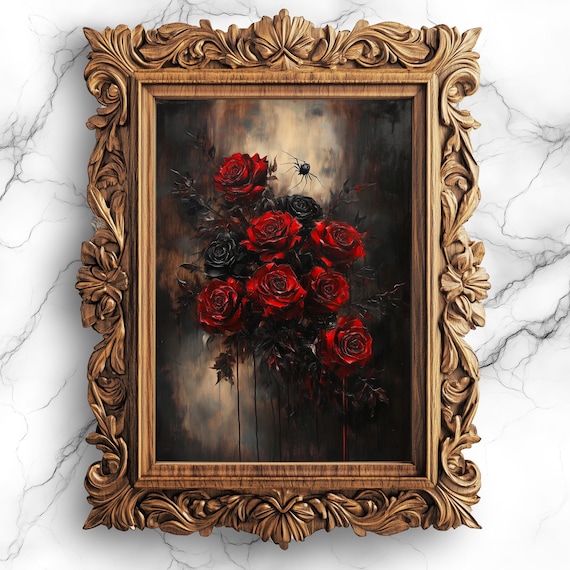 Gothic Red Roses With Spider Dark Floral Oil Painting Art Print