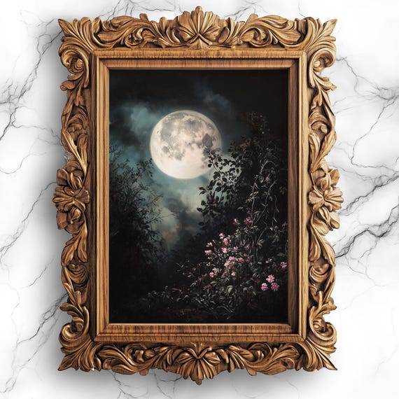 Gothic Botanical Moonlight Art Print, Dark Academia