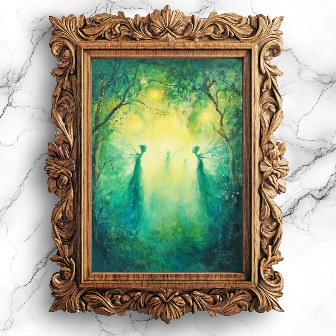 Ethereal Green Enchanted Forest Fairies Glowing Light Artwork Poster