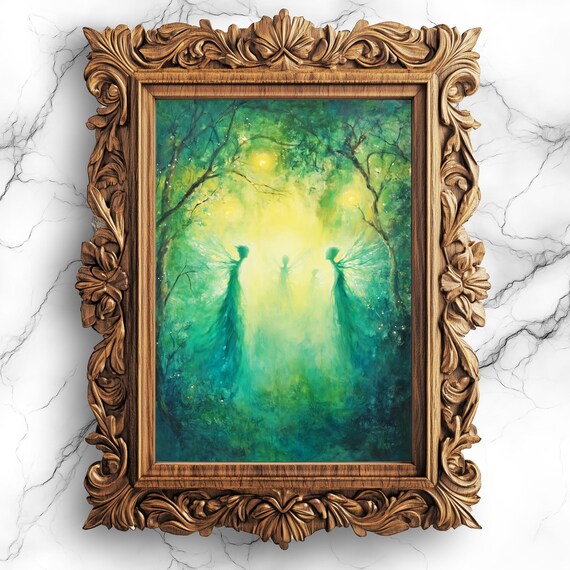 Ethereal Green Enchanted Forest Fairies Glowing Light Artwork Poster