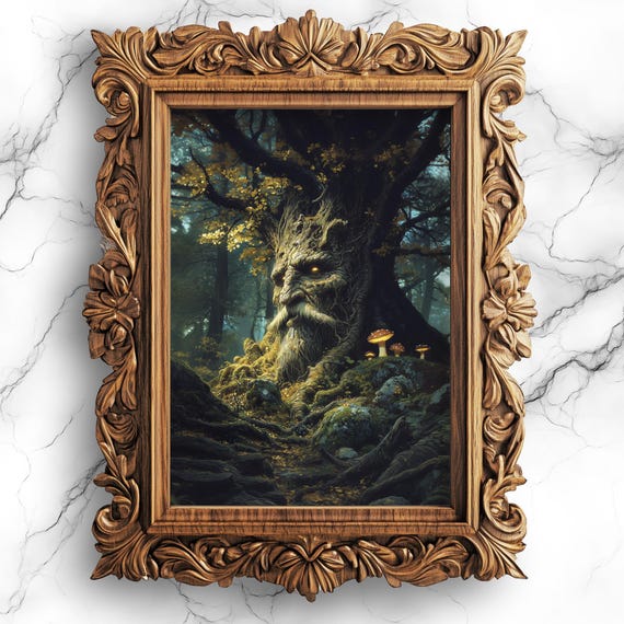 Ancient Guardian Tree Art Moody Enchanted Forest Wall Decor With Old Man Face Dark Academia Style Prt65