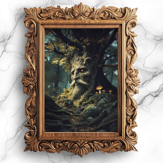 Ancient Tree Spirit Face Enchanted Forest Dark Oil Painting Poster