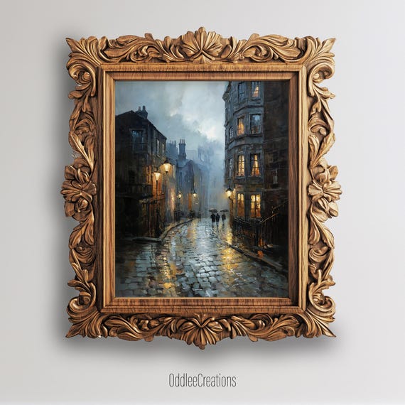Victorian City Rain Scene Artwork Gaslamp Street Wall Art Oil Painting For Gothic Home Decor Sce176