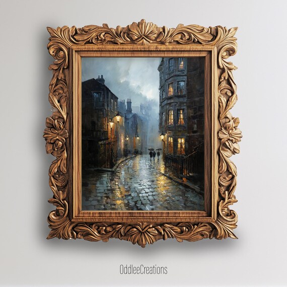 Victorian Gaslamp Rainy Cobblestone Street Old Town Night Oil Print