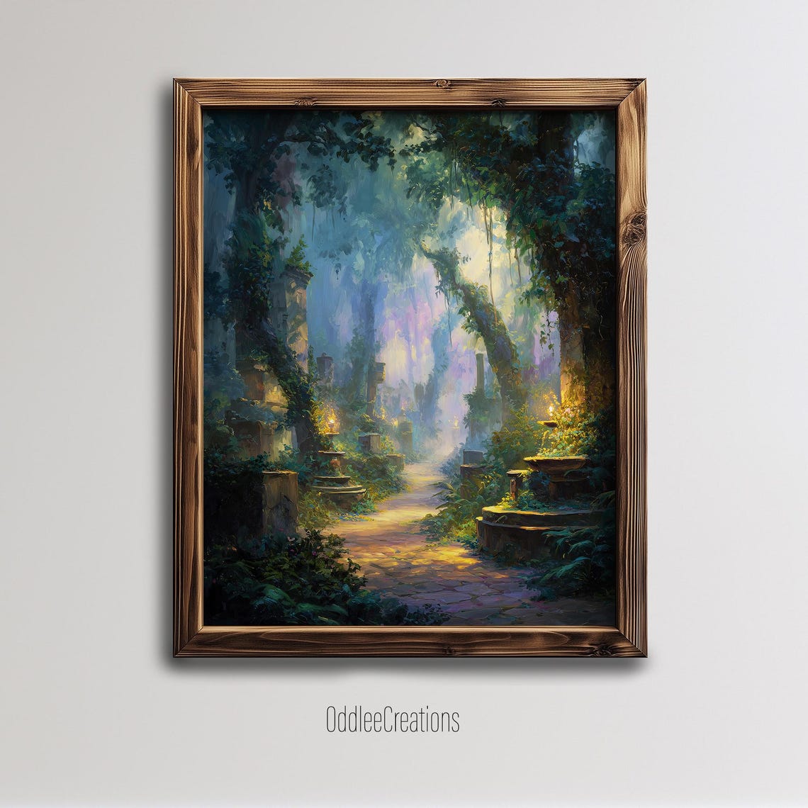 Enchanted Forest Pathway Ancient Ruins Lantern Oil Painting Poster