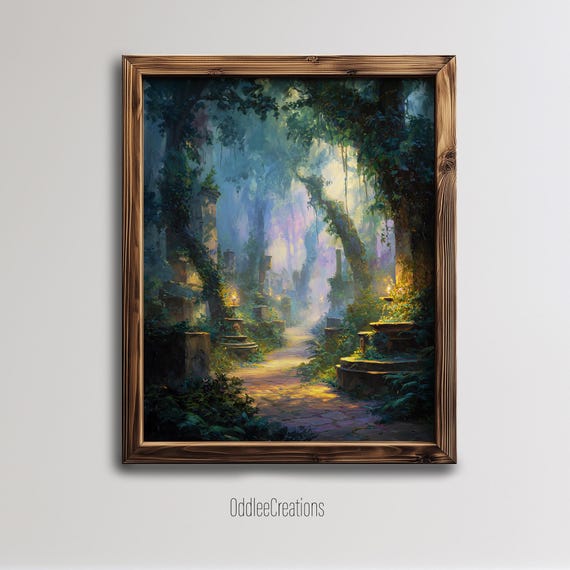Magical Forest Pathway Oil Painting Ancient Ruins Wall Art Enchanted Mystical Tree Lights Decor Sce191