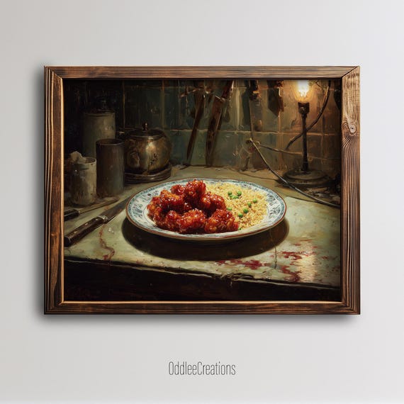 Chinese Food Spooky Kitchen Scene Oil Painting Art General Tsos Chicken Fried Rice Creepy Wall Decor Fod69