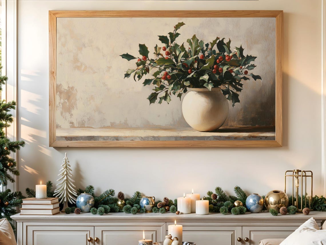 Holly Berries Cream Vase Vintage Christmas Botanical Still Life Poster - Image 3