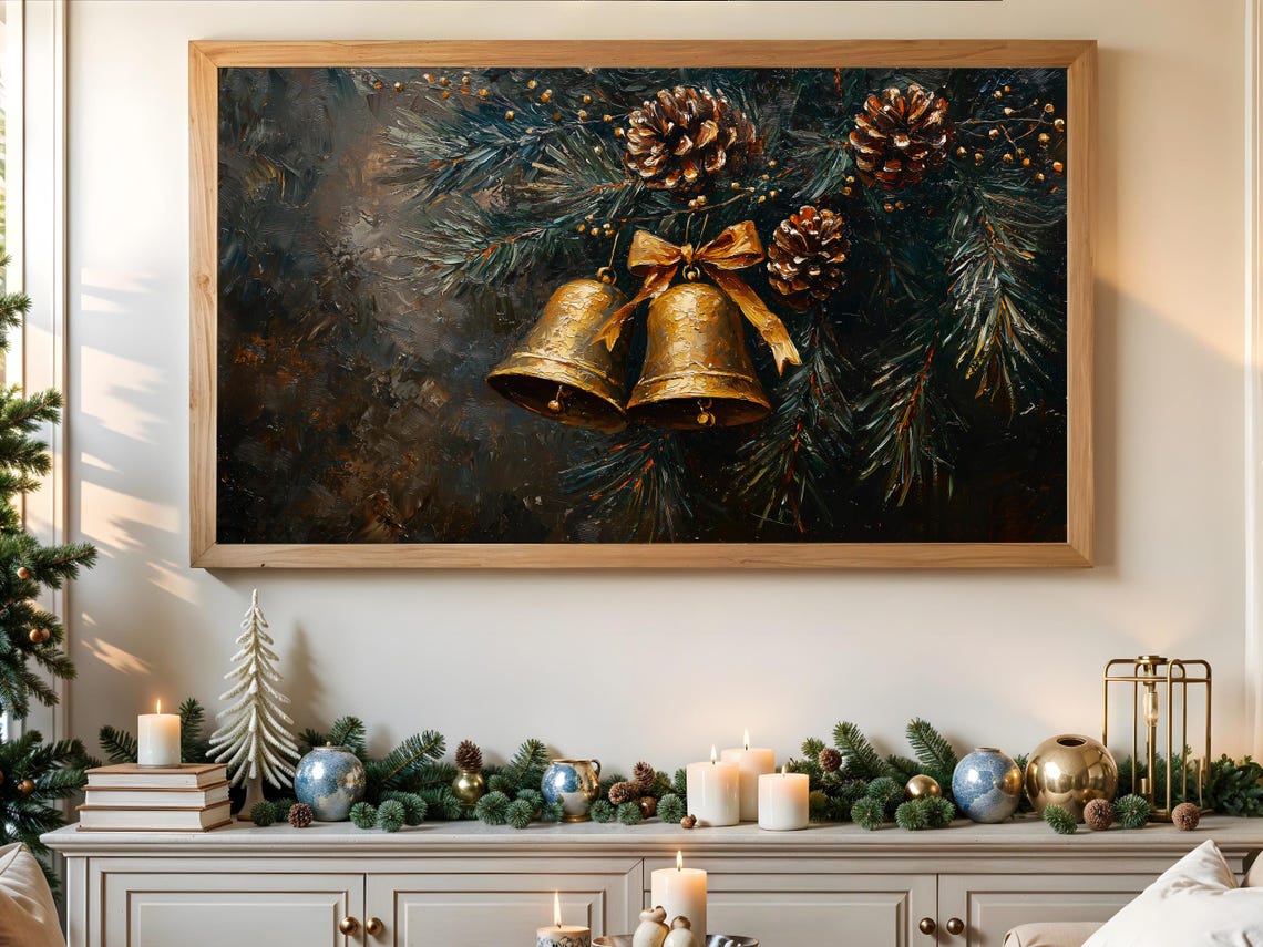 Golden Christmas Bells Pine Cones Evergreen Vintage Holiday Poster - Image 3