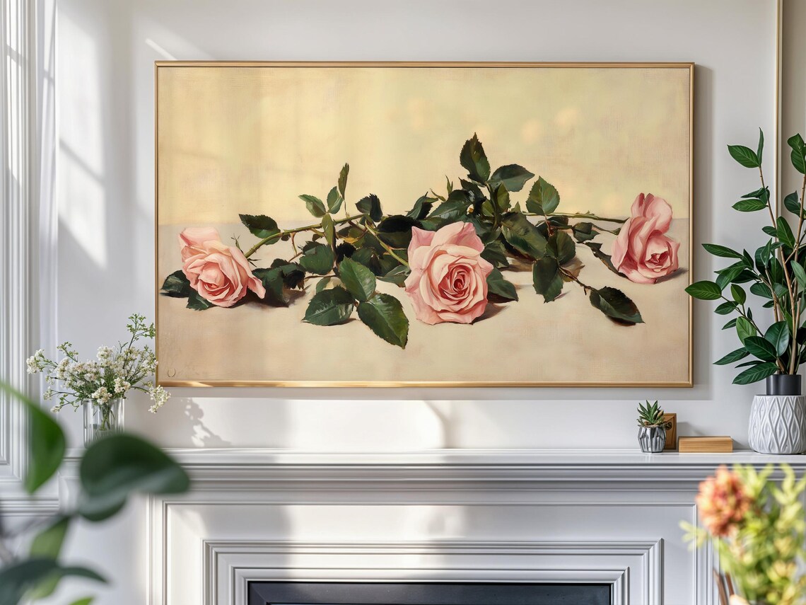 Vintage Pink Roses Branch Botanical Oil Painting Floral Art Print - Image 4