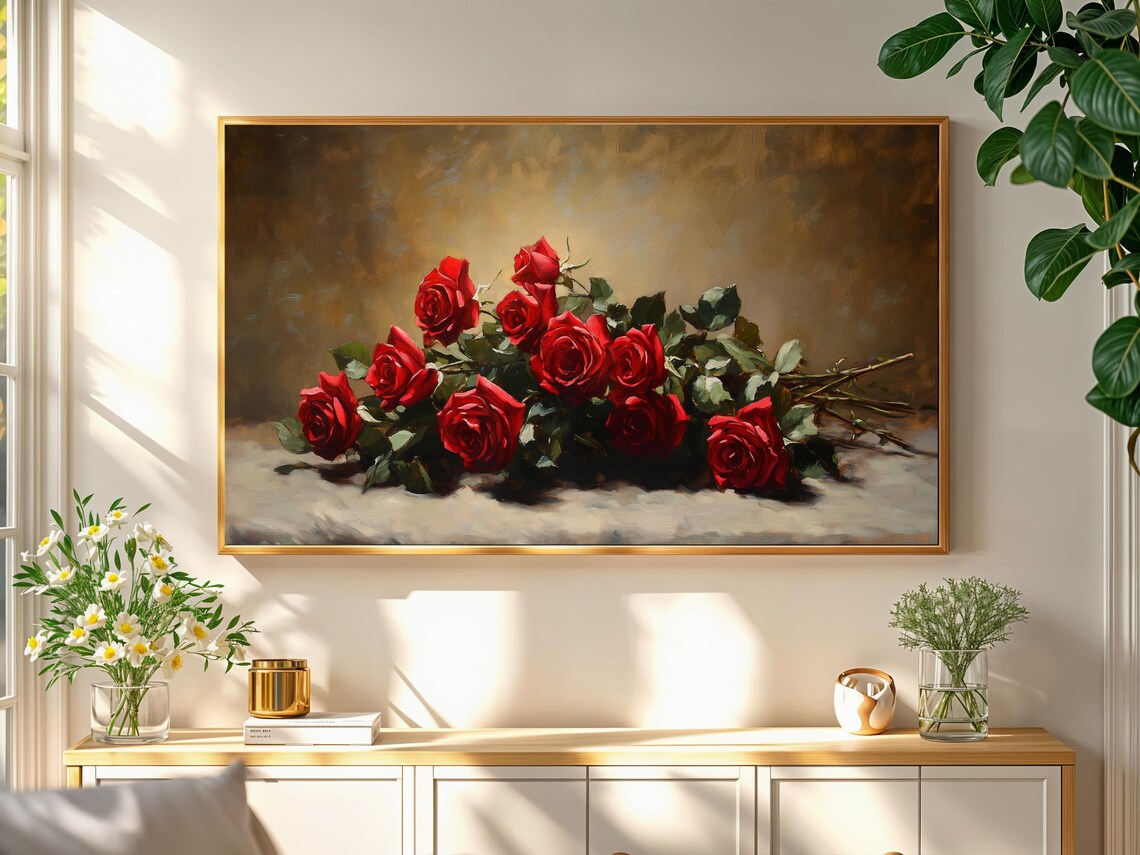 Red Roses Bouquet Warm Vintage Still Life Oil Painting Floral Poster - Image 2