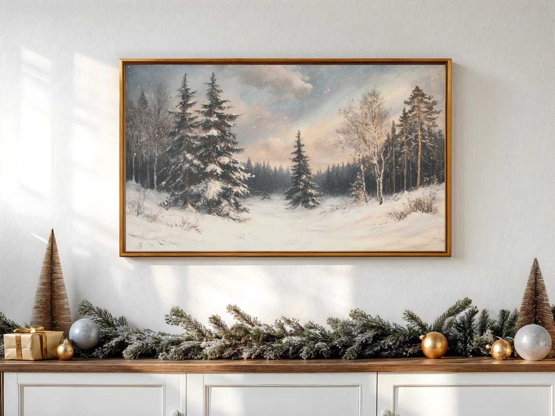 Snowy Pine Forest Winter Dusk Falling Snow Vintage Landscape Poster