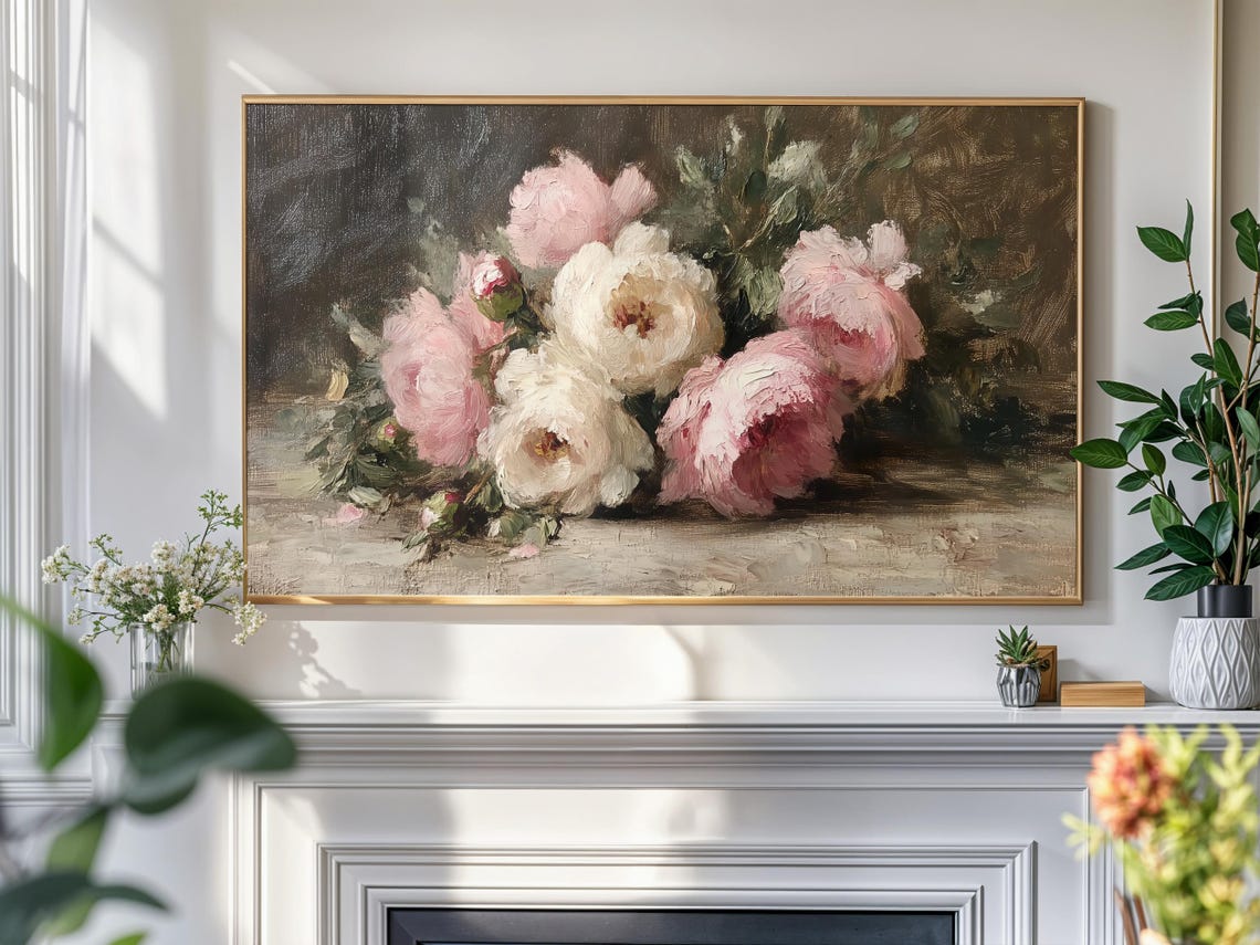 Pink White Peonies Dark Moody Vintage Floral Bouquet Art Poster - Image 4