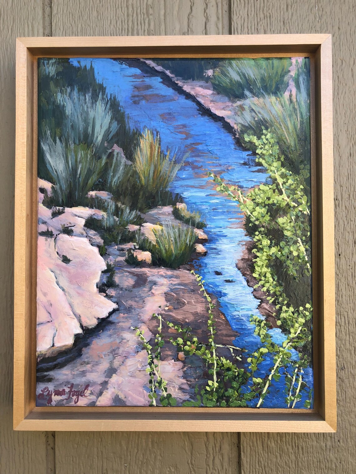 Riverbed Stream Blue Water Rocky Canyon Grasses Painting Poster