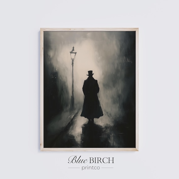 Moody Victorian Gentleman Streetlamp Foggy Night Monochrome Art Poster