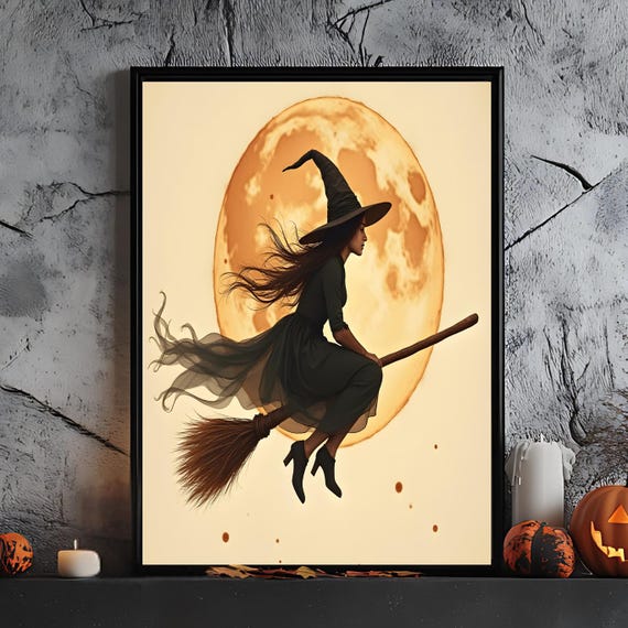 Flying Witch On Broom Wall Art Vintage Halloween Poster With Full Moon Canvas Neutral Boho Decor Spooky Autumn Fall