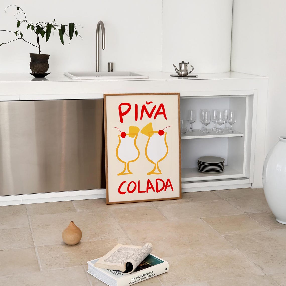 Piña Colada Retro Cocktail Illustration With Two Glasses Bar Poster - Image 2